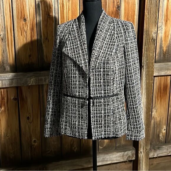 Kasper blazer career knit brown tan geometric polyester 6 FIRM on PRICE - Picture 1 of 9